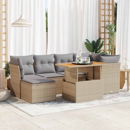 Set sofás de jardín 7 piezas y cojines ratán sintético beige