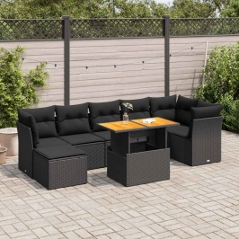 Set de sofás de jardín y cojines 8 piezas ratán sintético negro