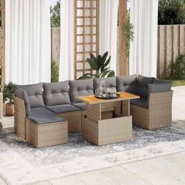 Set de sofás de jardín y cojines 8 piezas ratán sintético beige