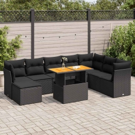 Set de sofás de jardín con cojines 9 pzas ratán sintético negro