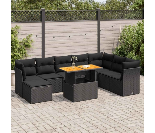 Set de sofás de jardín con cojines 9 pzas ratán sintético negro