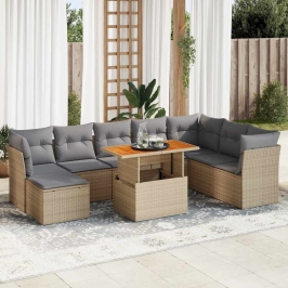 Set de sofás de jardín con cojines 9 pzas ratán sintético beige