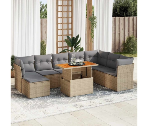 Set de sofás de jardín con cojines 9 pzas ratán sintético beige
