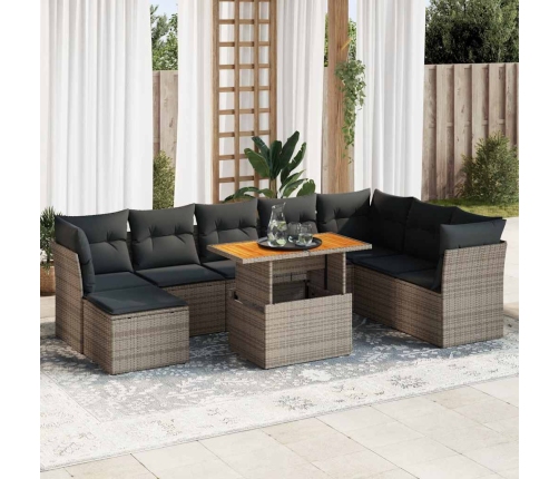 Set de sofás de jardín con cojines 9 pzas ratán sintético gris