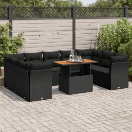 Set de sofás de jardín y cojines 10 pzas ratán sintético negro