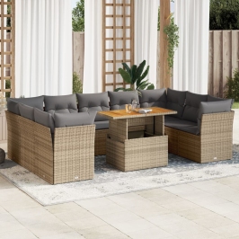 Juego de sofás jardín con cojines beige 10 pzas ratán sintético