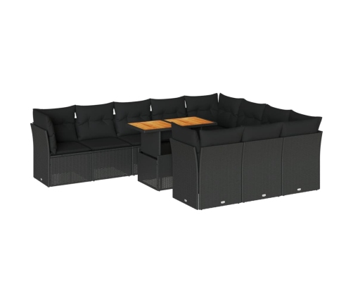 Set de sofás de jardín 11 pzas y cojines ratán sintético negro