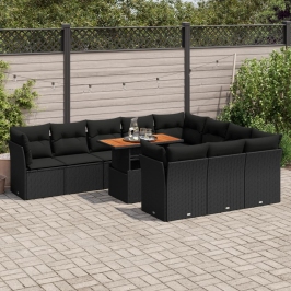 Set de sofás de jardín 11 pzas y cojines ratán sintético negro