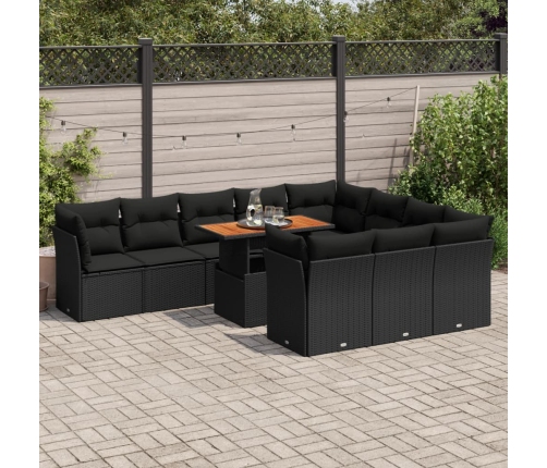 Set de sofás de jardín 11 pzas y cojines ratán sintético negro