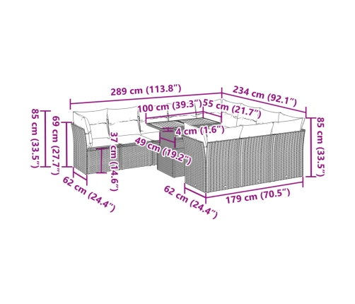 Set de sofás de jardín 11pzas con cojines ratán sintético beige