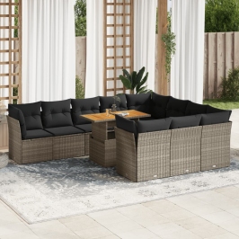 Set de sofás de jardín 11 pzas y cojines ratán sintético gris