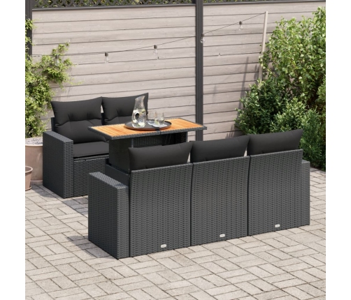 Set de sofás de jardín 6 piezas y cojines ratán sintético negro