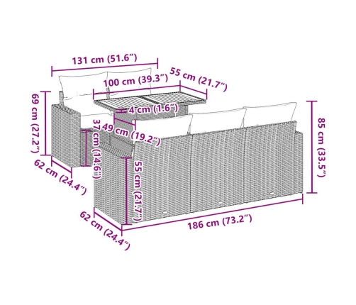 Set de muebles de jardín 6 pzas y cojines ratán sintético gris