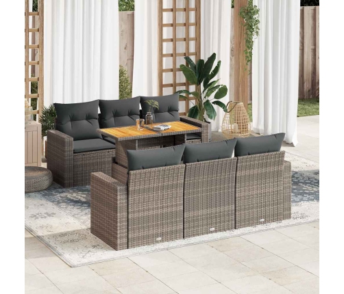 Set de sofás de jardín 7 pzas con cojines ratán sintético gris