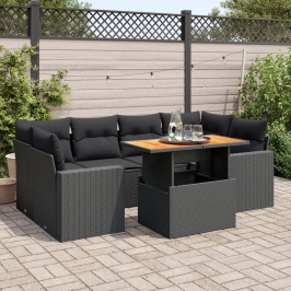 Set de sofás de jardín 7 pzas con cojines ratán sintético negro