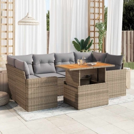 Set sofás de jardín 7 piezas y cojines ratán sintético beige