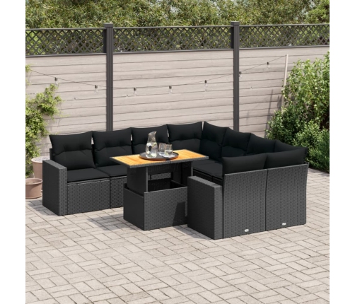 Set de sofás de jardín con cojines 9 pzas ratán sintético negro