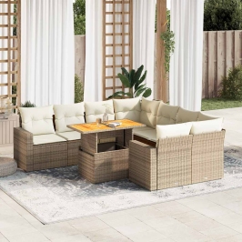Set de sofás de jardín con cojines 9 pzas ratán sintético beige