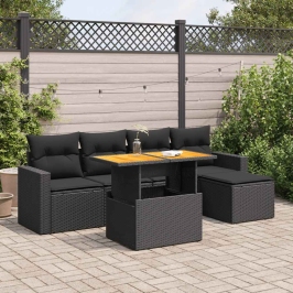 Set de sofás de jardín 6 piezas y cojines ratán sintético negro