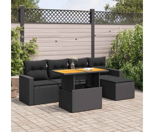 Set de sofás de jardín 6 piezas y cojines ratán sintético negro
