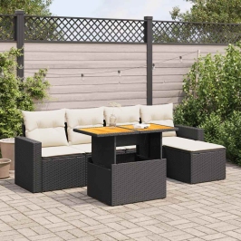 Set de sofás de jardín 6 piezas y cojines ratán sintético negro