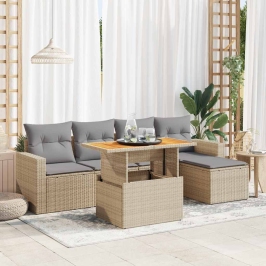 Juego de sofás jardín con cojines 6 pzas ratán sintético beige