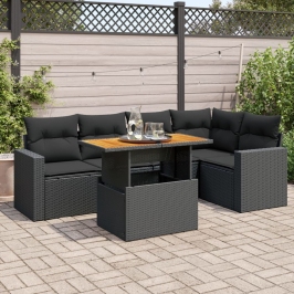 Set de sofás de jardín 6 piezas y cojines ratán sintético negro