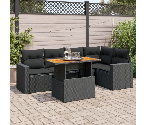 Set de sofás de jardín 6 piezas y cojines ratán sintético negro