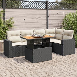 Set de sofás de jardín 6 piezas y cojines ratán sintético negro