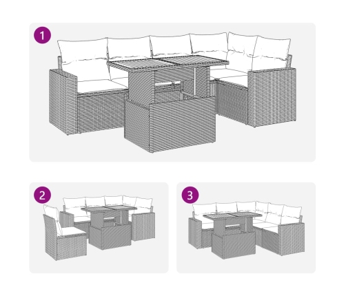 Set de muebles de jardín 6 pzas y cojines ratán sintético gris