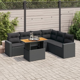 Set de sofás de jardín 7 pzas con cojines ratán sintético negro