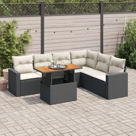 Set de sofás de jardín 7 pzas con cojines ratán sintético negro