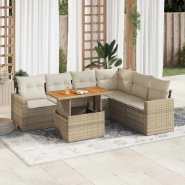 Set sofás de jardín 7 piezas y cojines ratán sintético beige