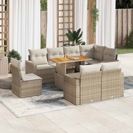 Set de sofás de jardín con cojines 9 pzas ratán sintético beige