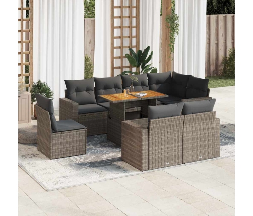 Set de sofás de jardín con cojines 9 pzas ratán sintético gris