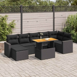 Set de sofás de jardín y cojines 8 piezas ratán sintético negro