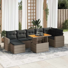 Set de sofás de jardín y cojines 8 piezas ratán sintético gris