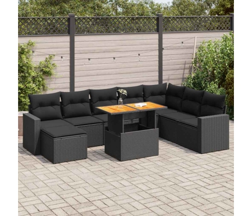 Set de sofás de jardín con cojines 9 pzas ratán sintético negro