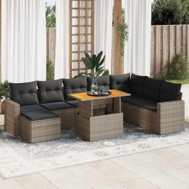 Set de sofás de jardín con cojines 9 pzas ratán sintético gris