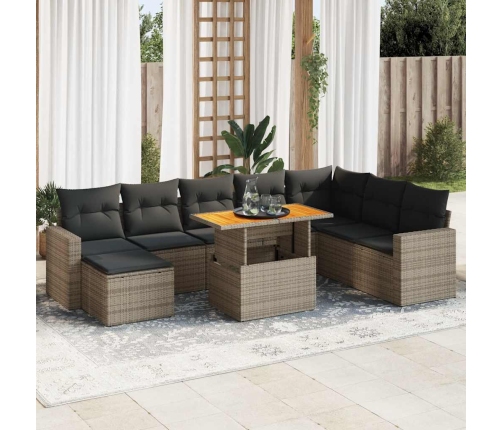 Set de sofás de jardín con cojines 9 pzas ratán sintético gris