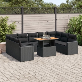 Set de sofás de jardín y cojines 10 pzas ratán sintético negro
