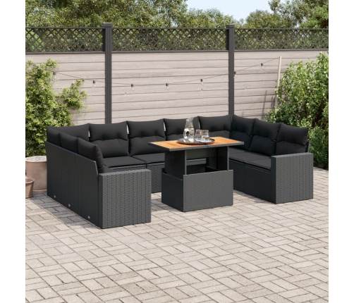 Set de sofás de jardín y cojines 10 pzas ratán sintético negro
