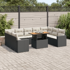 Set de sofás de jardín y cojines 10 pzas ratán sintético negro