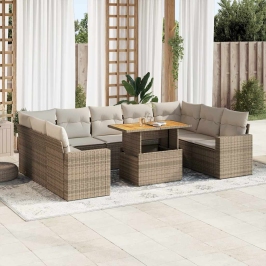 Juego de sofás jardín con cojines beige 10 pzas ratán sintético