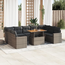 Set de sofás de jardín y cojines 10 pzas ratán sintético gris