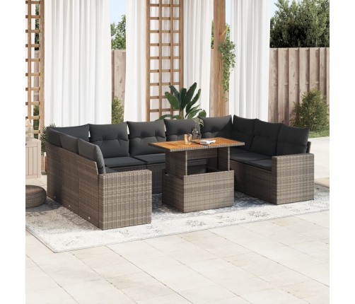 Set de sofás de jardín y cojines 10 pzas ratán sintético gris