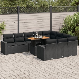 Set de sofás de jardín 11 pzas y cojines ratán sintético negro