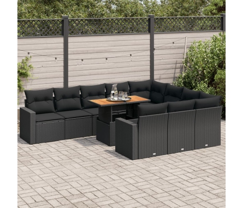 Set de sofás de jardín 11 pzas y cojines ratán sintético negro