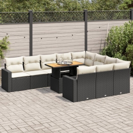 Set de sofás de jardín 11 pzas y cojines ratán sintético negro