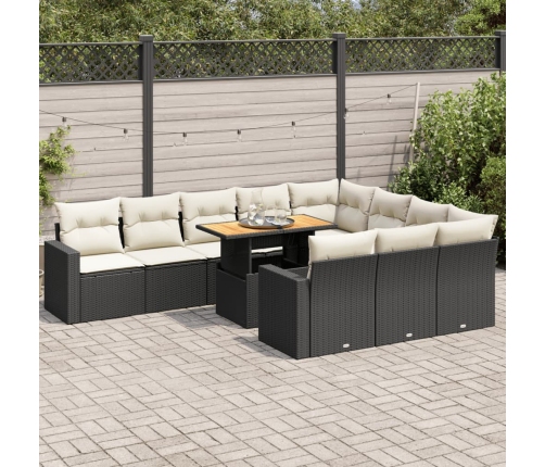 Set de sofás de jardín 11 pzas y cojines ratán sintético negro